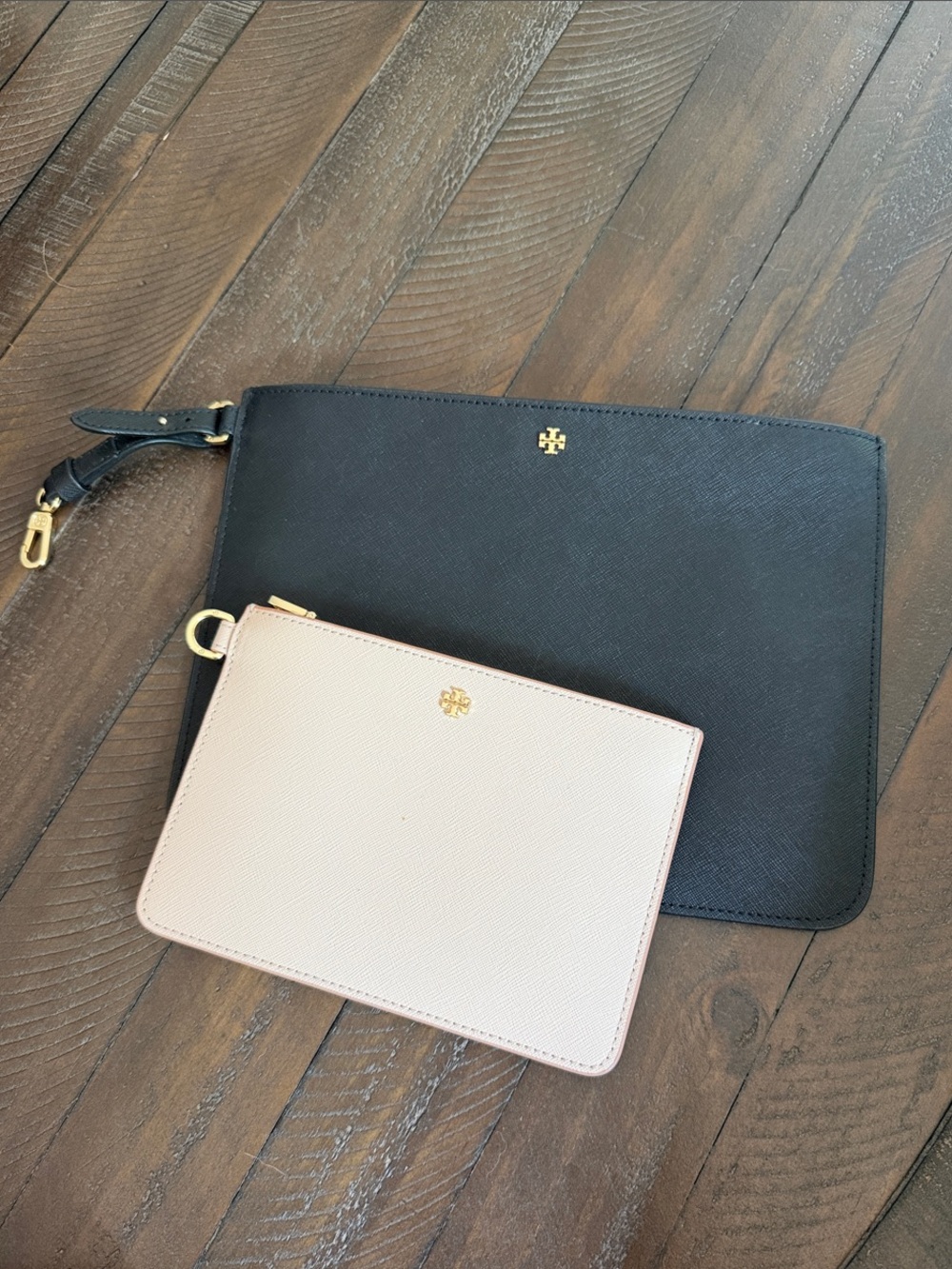 Tory Burch Two-Piece Saffiano Pouch Set in Black and Blush